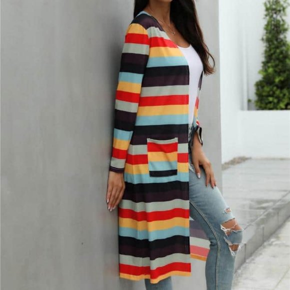 Burnt Orange Striped Printed Long Cardigan - Picture 3 of 5